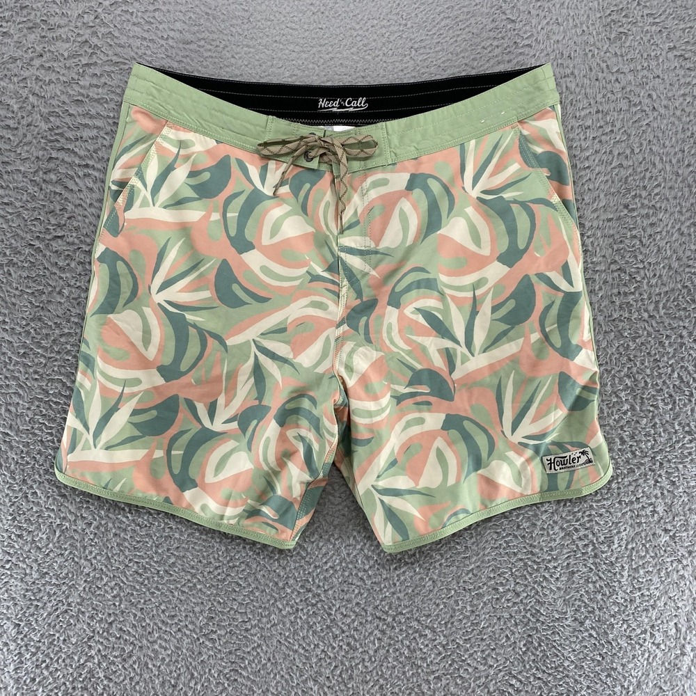 Howler Brothers Board Shorts Mens 38 Green Pink Tropical Print Swim Trunks Surf